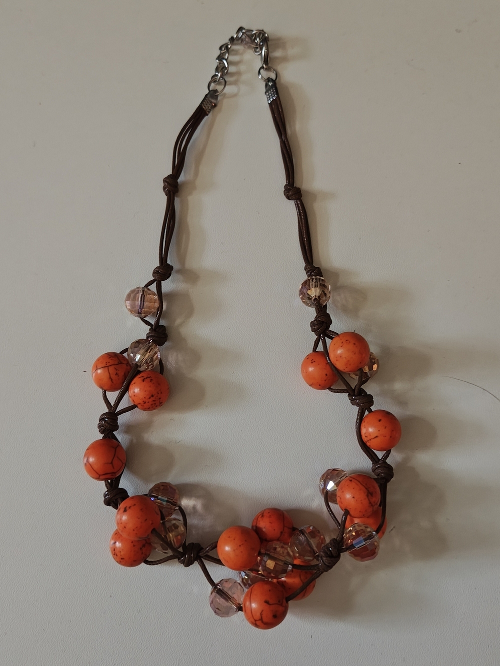Orange Beaded Statement Necklace Brown Cord Crystal Cluster Chunky